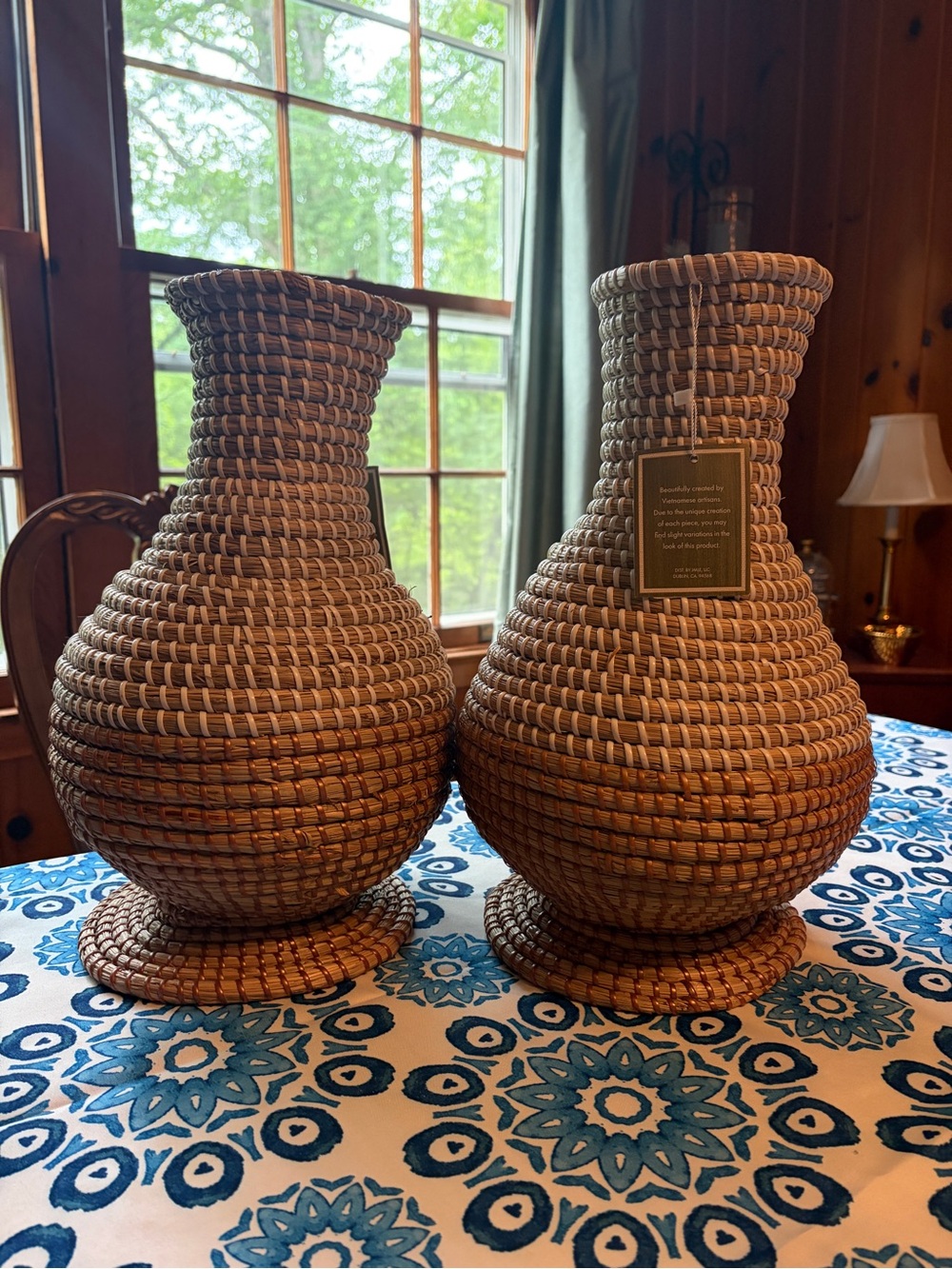 Woven Rattan-Style Decorative Vase Pair - Natural Brown